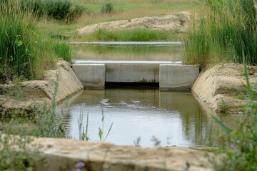 Naklejka premium Charming Small Dam for Water Level Regulation in Scenic Countryside Pond