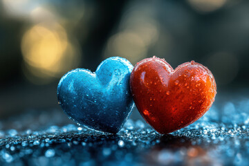 Obraz premium Two hearts entwined, glistening with water droplets, against a soft-focus background, symbolizing love, harmony, and togetherness.