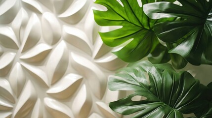 Fototapeta premium Tropical Monstera Leaves Against a Textured White Wall Evoking a Calming and Modern Aesthetic for Interior Design and Decoration