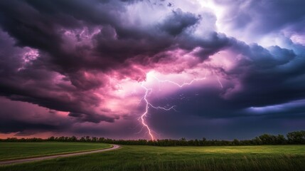 Fototapeta premium Dramatic lightning strike over an open field with pink and purple storm clouds. A road leads to the horizon, surrounded by green grass and trees, creating a powerful scene.