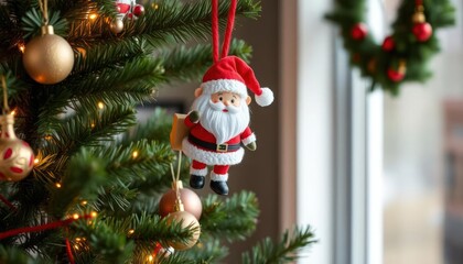 Obraz premium A festive Christmas tree adorned with ornaments and a Santa Claus figure.