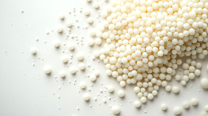 White spherical beads scattered on a plain background  