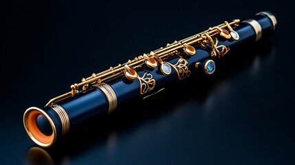 Obraz premium Elegant Blue and Gold Clarinet on Dark Background AI Generated