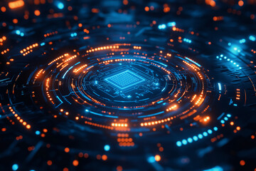 Futuristic technology design with central processing unit and luminous circuits, representing advanced innovation and data connectivity.