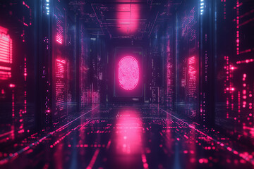 Naklejka premium Futuristic digital tunnel with fingerprint scan, glowing pink and blue cyber security concept, advanced technology