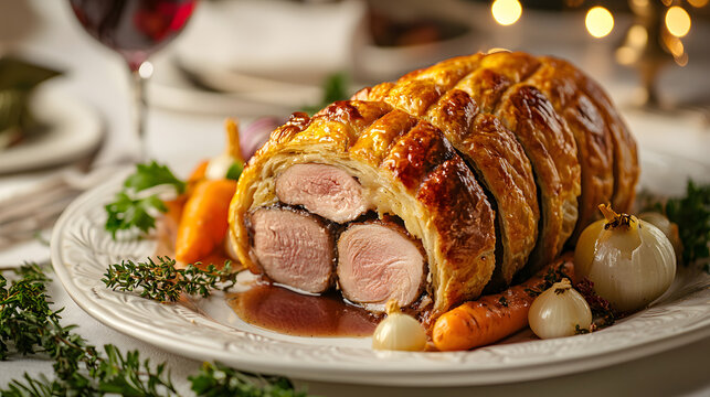 Golden-Baked French Pigeon Crote Served with Garnishes on Elegant Table Setting