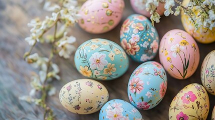Fototapeta premium Decorative Easter eggs with floral designs arranged with spring flowers on a wooden surface