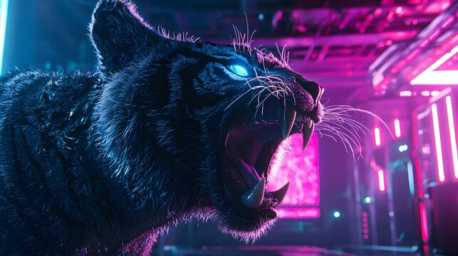 Cyberpunk Cat: A fierce and formidable black cat roars in a neon-lit cyberpunk cityscape, showcasing its glowing blue eyes and sharp fangs, a symbol of urban wilderness and futuristic fantasy.