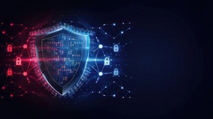 Digital Shield: A glowing, digitally rendered shield, symbolizing protection, security, and data defense against a dark backdrop, reflecting a modern technological landscape.