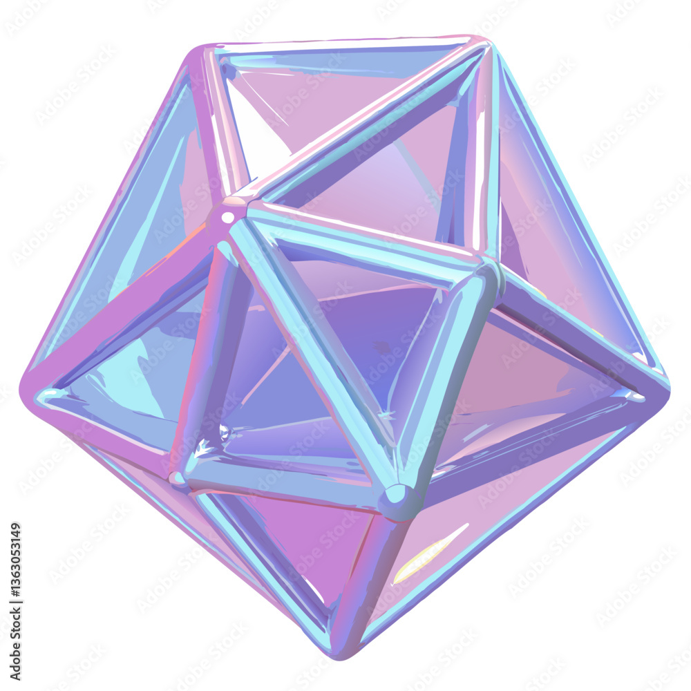 Poster an iridescent geometric 3d shape with transparent glass effect. the abstract design features a compl