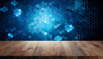 wooden desk with blue hexagon pattern for product display
