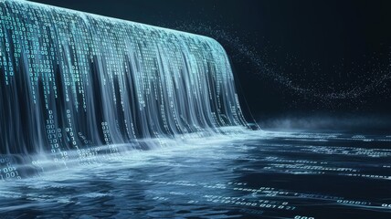 Data Waterfall: A mesmerizing visual of a cascading waterfall, replaced by a stream of digital data flowing seamlessly into a digital lake, evoking the concepts of information and technology.