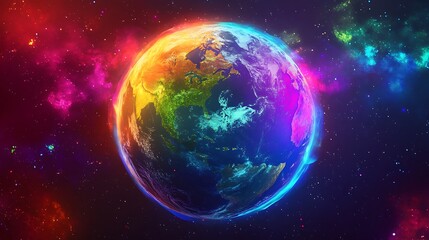 Vibrant Neon Planet Earth with Colorful Cosmic Background in a Futuristic Space Environment