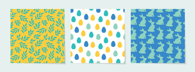 Set of simple seamless patterns for Easter with green leaves. dyed eggs and Easter rabbit in silhouette. Easter vector background designs for wrapping paper, textile and fabrics