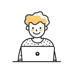 Obraz premium A minimalist black-and-white logo of a Swedish man with a blonde curly hipster haircut, smiling while coding on a noteBook. Simple line art with pastel tones, a dotted shirt, and a clean, modern desig