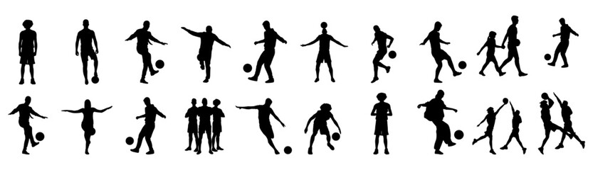 Football players standing with footballs in different poses. Football player vector station set.