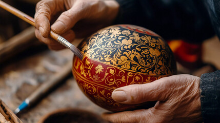 Craftsman painting an ornate decorative ball with intricate patterns in a workshop