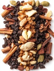 Obraz premium Aromatic blend of cinnamon sticks dried fruits and nuts creating a flavorful and textural delight on a white background with a top down view