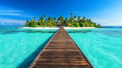Idyllic wooden walkway leading to a tropical island in the Maldives, surrounded by turquoise waters, white sandy beaches, and palm trees under a clear blue sky, perfect for relaxation and vacation.