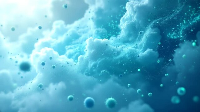 Abstract video with surreal, cloud-like expanse where glowing, translucent spheres drift through swirling blue mists. Gradient of light to deep blue, evokes a sense of weightlessness
