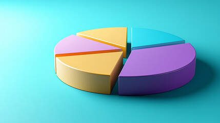 3D rendering of a pie chart with slices in purple, yellow, orange, and blue