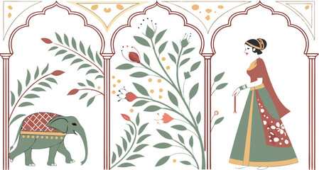Mughal Pichwai Garden. Indian Wedding Invitation. Vector illustration of temple, pillar arch, tropical plant, peacock, elephant, flower frame, border for greeting card, flyer, poster or background.