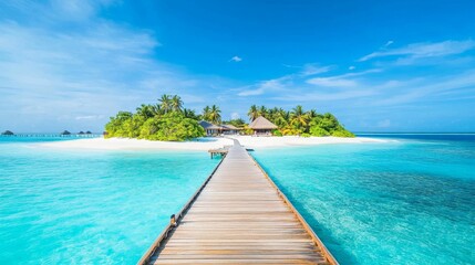 Fototapeta premium Idyllic wooden walkway leading to a tropical island in the Maldives, surrounded by turquoise waters, white sandy beaches, and palm trees under a clear blue sky, perfect for relaxation and vacation.