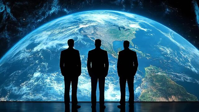 Three silhouetted mystery world leaders stand before a rotating glowing Earth, global leadership, vision, supreme ruler, influencer, Domination and cosmic backdrop, reflecting power and responsibility