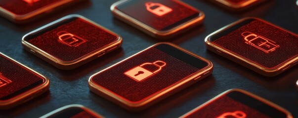 A collection of devices with red lock icons on their screens, symbolizing security and protection in a digital context.