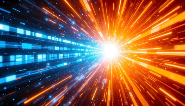 A dynamic and intense design featuring a series of square blue bars representing a powerful blast or explosion, set against a vivid and glowing orange shining backdrop in a square format