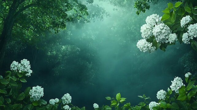 Enchanted Forest: Misty Morning, Hydrangea Blooms AI Generated - Powered by Adobe