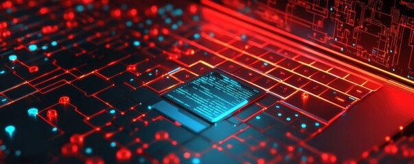 A close-up view of a laptop's keyboard, illuminated with vibrant red and blue circuit patterns, showcasing a technological theme.