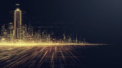 Golden Cityscape at Night: Glimmering city skyline bathed in golden light, highlighting the geometric patterns of urban life. An illustration of ambition and progress, set against a dark backdrop