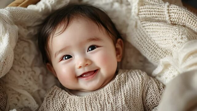 little cute smiling korean baby lying in crib, infant in cradle, asian child, kid, chinese newborn, childhood