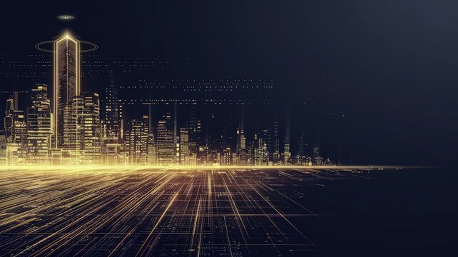 Golden Cityscape at Night: Glimmering city skyline bathed in golden light, highlighting the geometric patterns of urban life. An illustration of ambition and progress, set against a dark backdrop