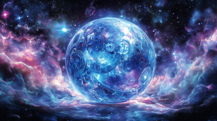 Futuristic Cosmic Sphere Illuminated in Vibrant Celestial Nebula