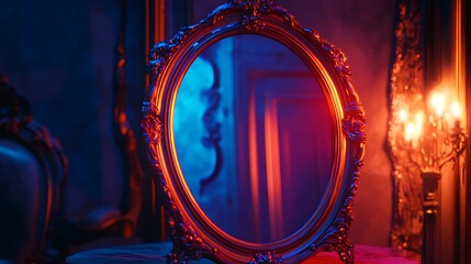 Elegant Vintage Mirror with Warm Candlelight and Neon Glow in Luxurious High-Resolution Setting