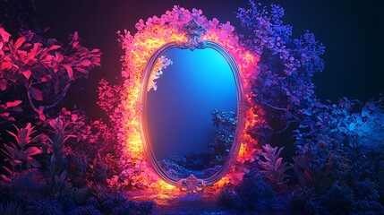 Enchanted Fantasy Mirror with Glowing Neon Lights in a Magical High-Resolution Forest Scene