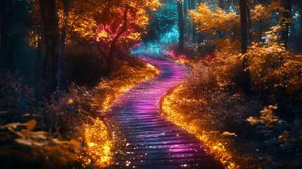 Enchanted Forest Pathway with Glowing Neon Lights Creating a Magical and Mystical Ambiance