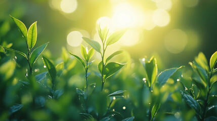 lush green tea plantation under the warm sunlight, perfect for agriculture and wellness branding	
