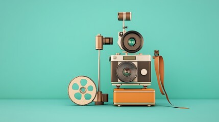Fototapeta premium Retro Film Camera and Projector: A 3D Render on Teal Background AI Generated