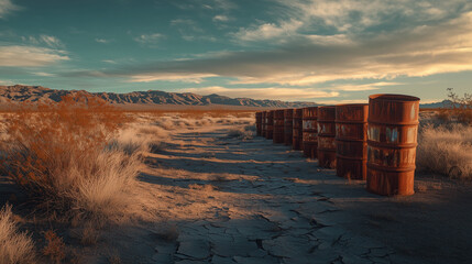 rusted oil barrels in a cracked desert landscape, ideal for environmental awareness, pollution themes, and post-apocalyptic concepts