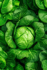 Obraz premium Green cabbage nestled among lush leafy greens in vibrant garden setting. Rich green colors highlight healthy growth and freshness. Concept of agriculture, healthy eating, organic food