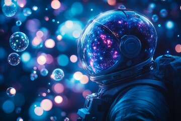 Fototapeta premium Exploration of the cosmos with a reflective space helmet surrounded by colorful bubbles at an imaginary location