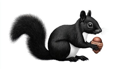 Obraz premium Black Squirrel Holding Acorn Detailed Illustration