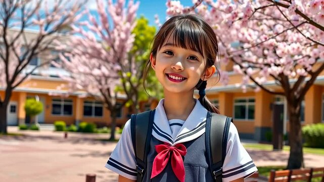 little asian kid in school uniform with backpack on school background, smiling japanese girl on street, chinese teenager, korean student, child