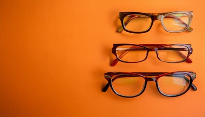 different types of glasses on an orange background close up glasses with rectangular and round frames layout for design space for text and free space near the object