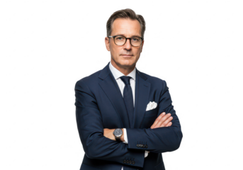 A professional middle aged man in a tailored navy blue suit and standing arms crossed isolated on transparent background