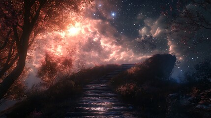 Enchanted Stone Path Leading to a Celestial Sunset with Glowing Sky and Dreamy Atmosphere