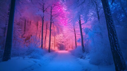 Enchanted Winter Forest Path Illuminated by Glowing Neon Lights in a Magical Landscape